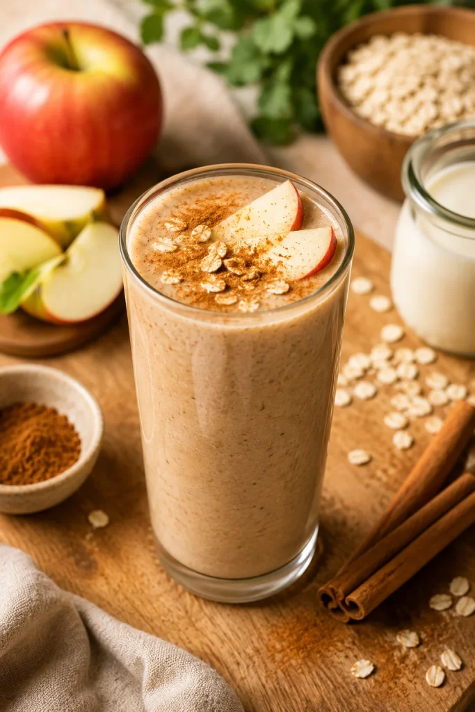 Creamy apple pie breakfast smoothie topped with fresh apple slices, rolled oats, and cinnamon in a glass on a rustic wooden table.