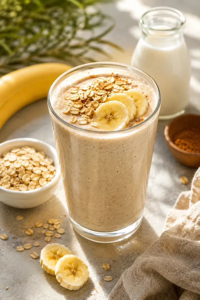 Creamy banana oat breakfast smoothie topped with banana slices, rolled oats, and cinnamon served in a glass with fresh ingredients.