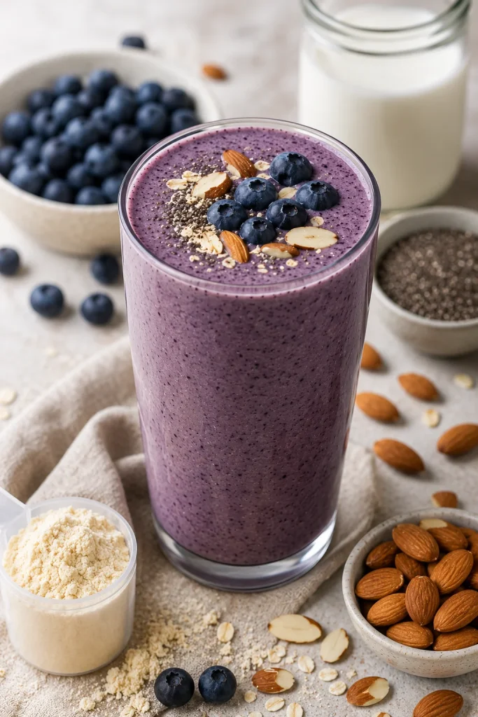 Homemade blueberry almond protein smoothie with fresh blueberries, almonds, chia seeds, protein powder, and milk.