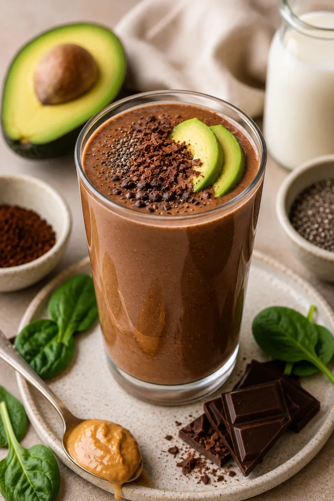 Creamy Chocolate Avocado Power Smoothie made with avocado, cocoa, banana, protein, and spinach in a glass under natural light.