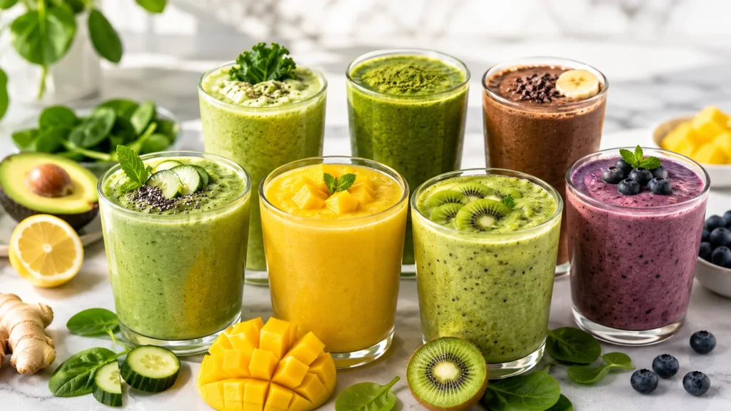 Six colorful detox green smoothies made with spinach, kale, mango, kiwi, berries, matcha, and chocolate on a bright marble surface