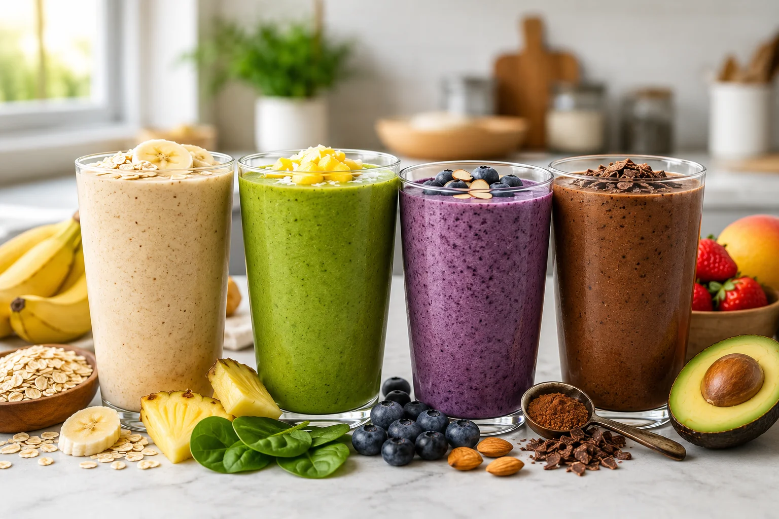 Four healthy breakfast smoothies made with banana, spinach, blueberries, avocado, oats, and fresh fruit ingredients on a kitchen countertop.