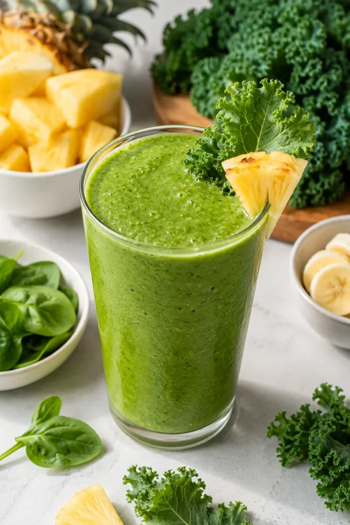 Fresh kale pineapple green smoothie in a glass with pineapple chunks, kale leaves, spinach, and banana slices on a bright kitchen table.