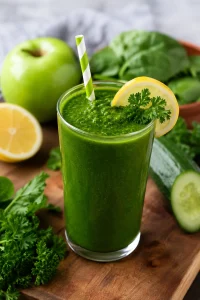 Liver detox smoothie made with spinach, cucumber, green apple, parsley, lemon, and fresh ginger in a glass.