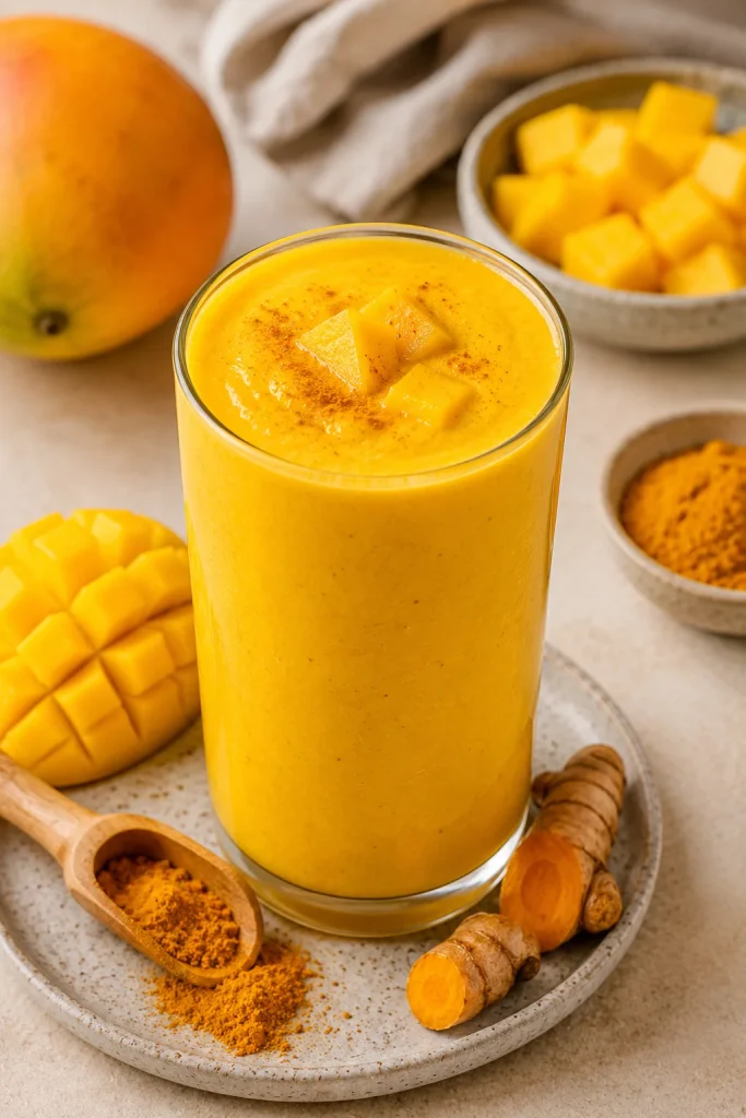 Bright mango turmeric energizer smoothie made with mango, turmeric, banana, and orange juice served in a glass with fresh ingredients.