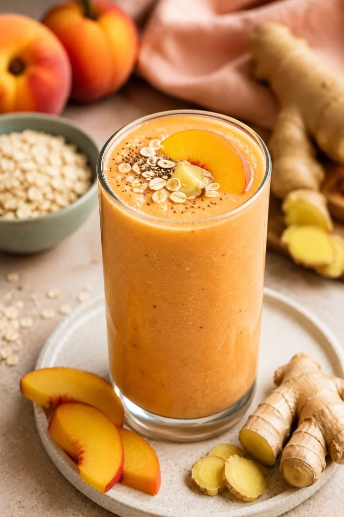 Creamy peach ginger sunrise smoothie made with fresh peaches, ginger, oats, chia seeds, and yogurt in a tall glass for a refreshing healthy breakfast.