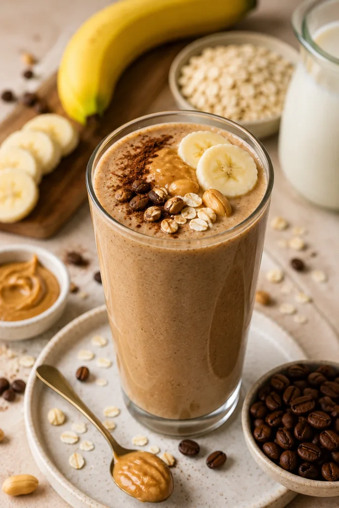 Homemade peanut butter coffee breakfast smoothie with banana, oats, coffee, and peanut butter in a glass.