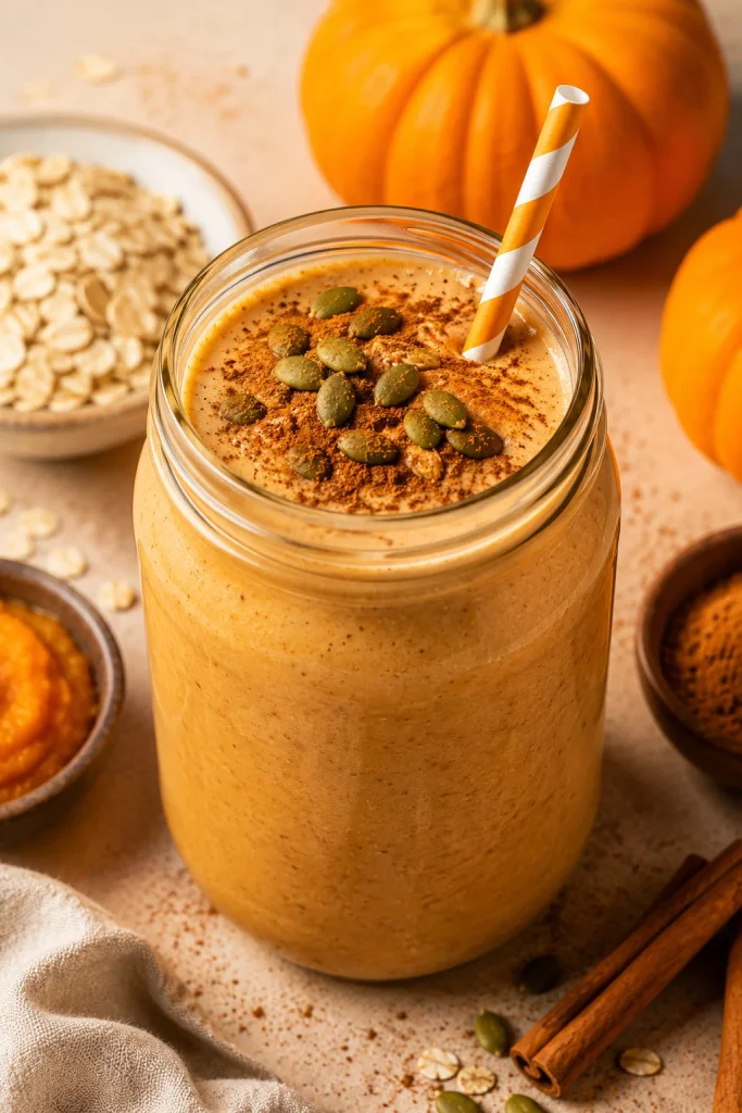 Creamy pumpkin spice breakfast shake topped with pumpkin seeds and cinnamon in a mason jar surrounded by oats and pumpkin puree.