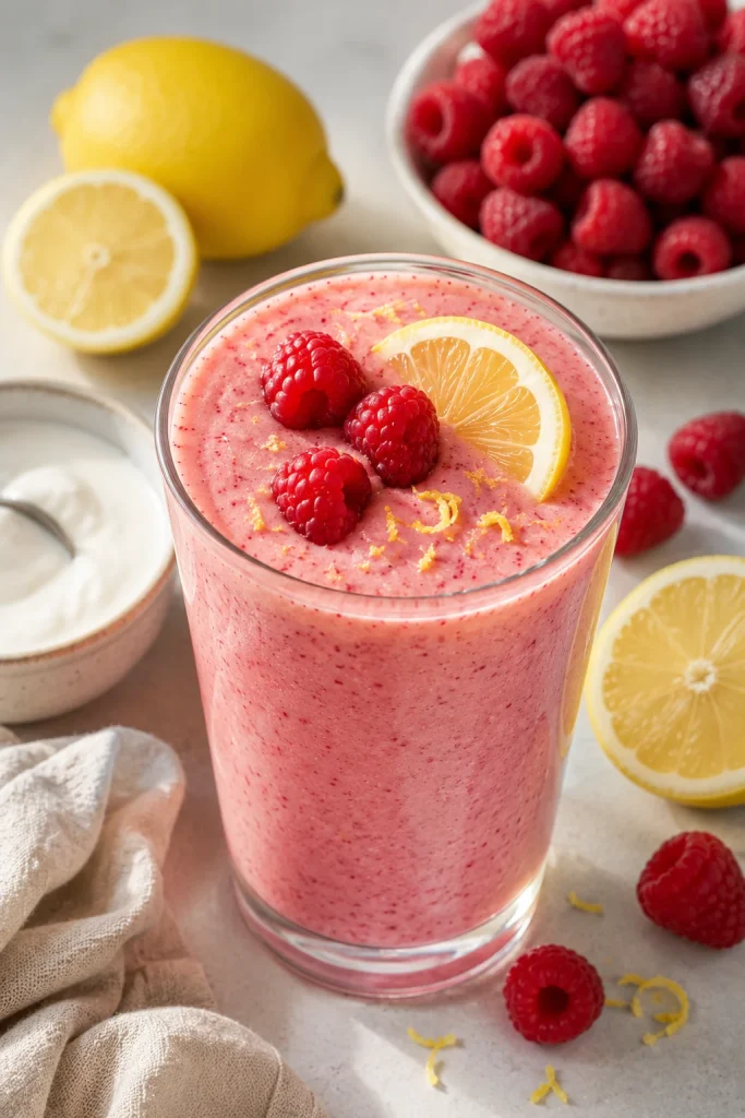Creamy raspberry lemon yogurt smoothie topped with fresh raspberries and lemon zest in a glass under natural light.