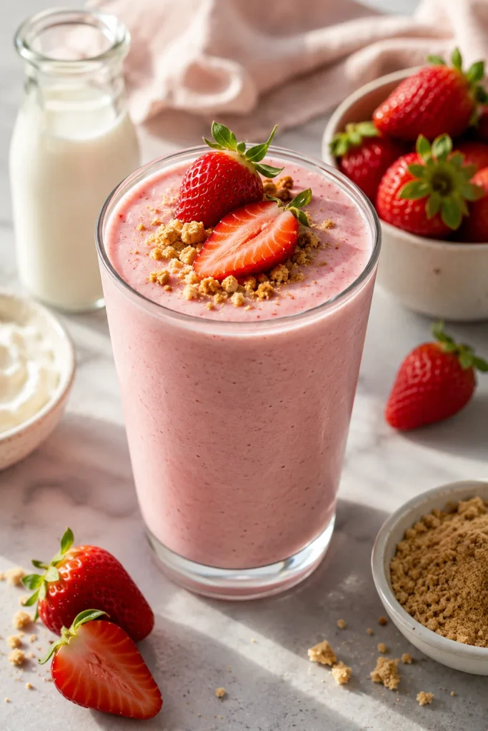 Creamy strawberry cheesecake smoothie topped with fresh strawberries and graham cracker crumbs in a glass.