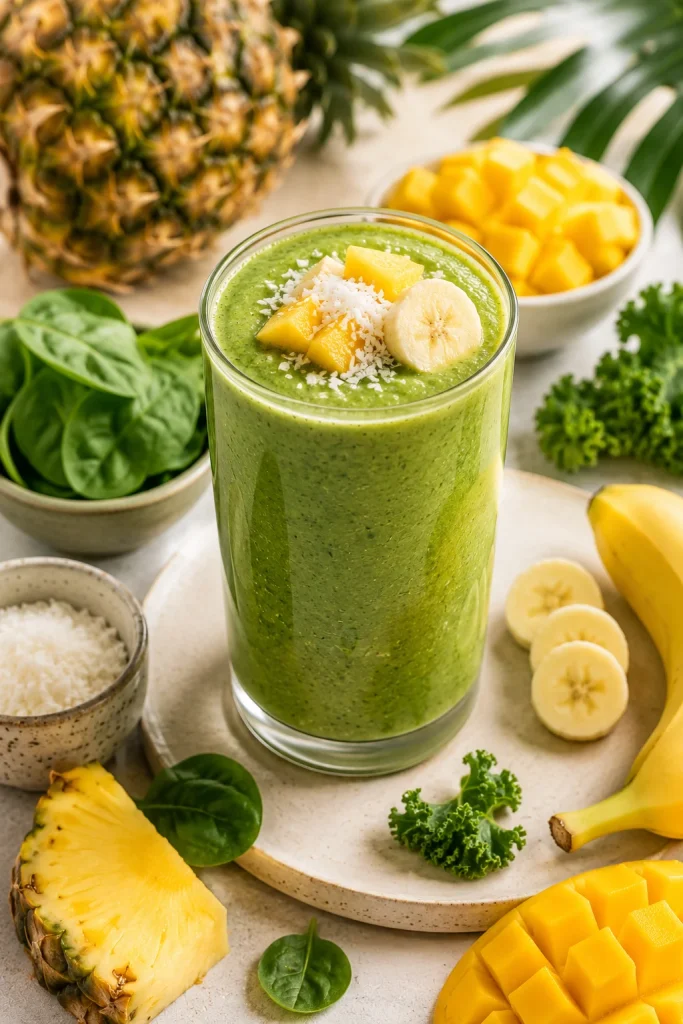 Creamy tropical green breakfast smoothie made with spinach, pineapple, mango, banana, and coconut in a glass with fresh tropical fruits.